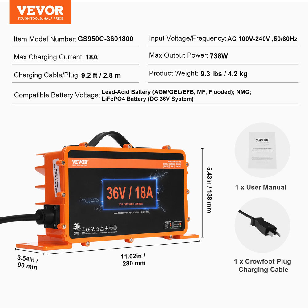 Vevor Golf Cart Battery Charger 36V 18 Amp with Crowfoot Plug New