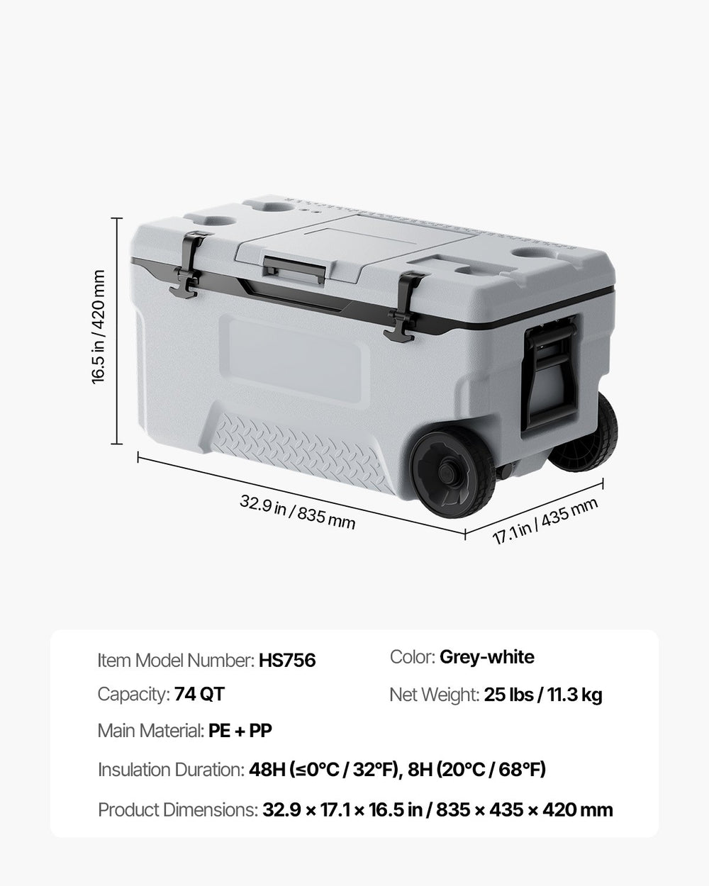 Vevor Portable Cooler 74QT Insulated Wheeled 120 Can Capacity New