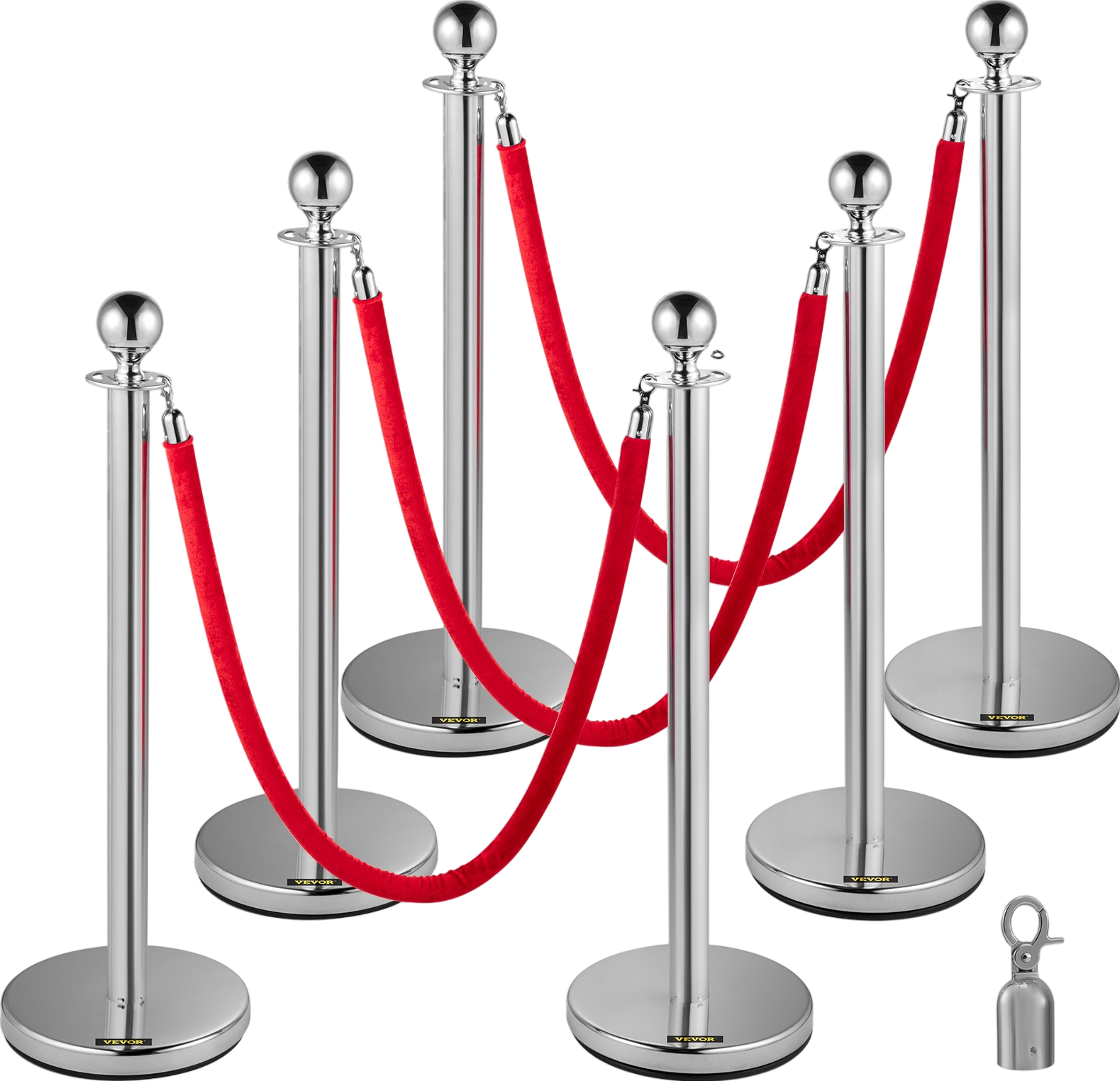 Vevor Silver Stanchion Queue Posts Stainless Steel 6 Pcs Red Rope Retractable 38