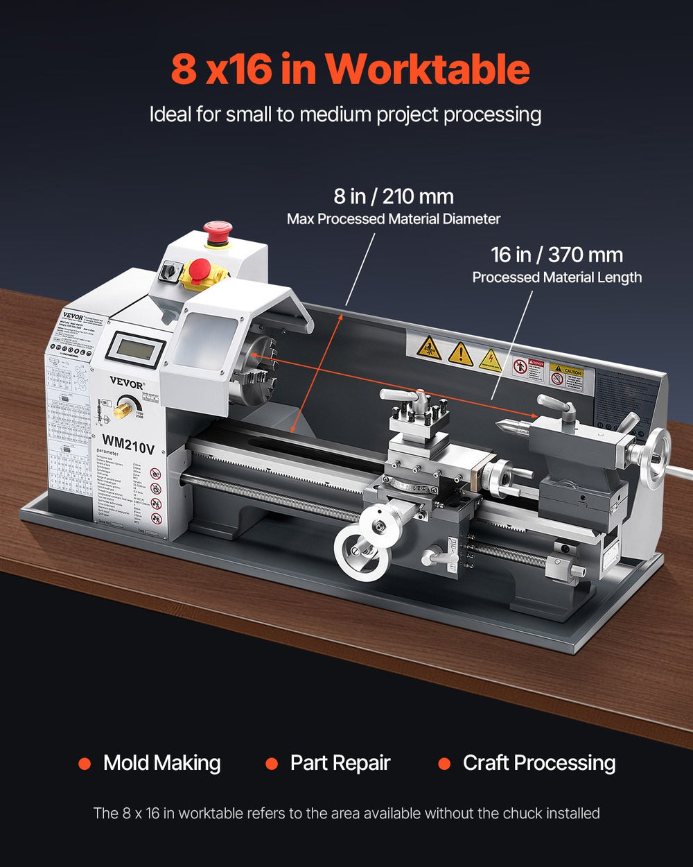 Vevor Benchtop Lathe Machine 8" x 16" 0-2500 RPM Variable Speed 550W New