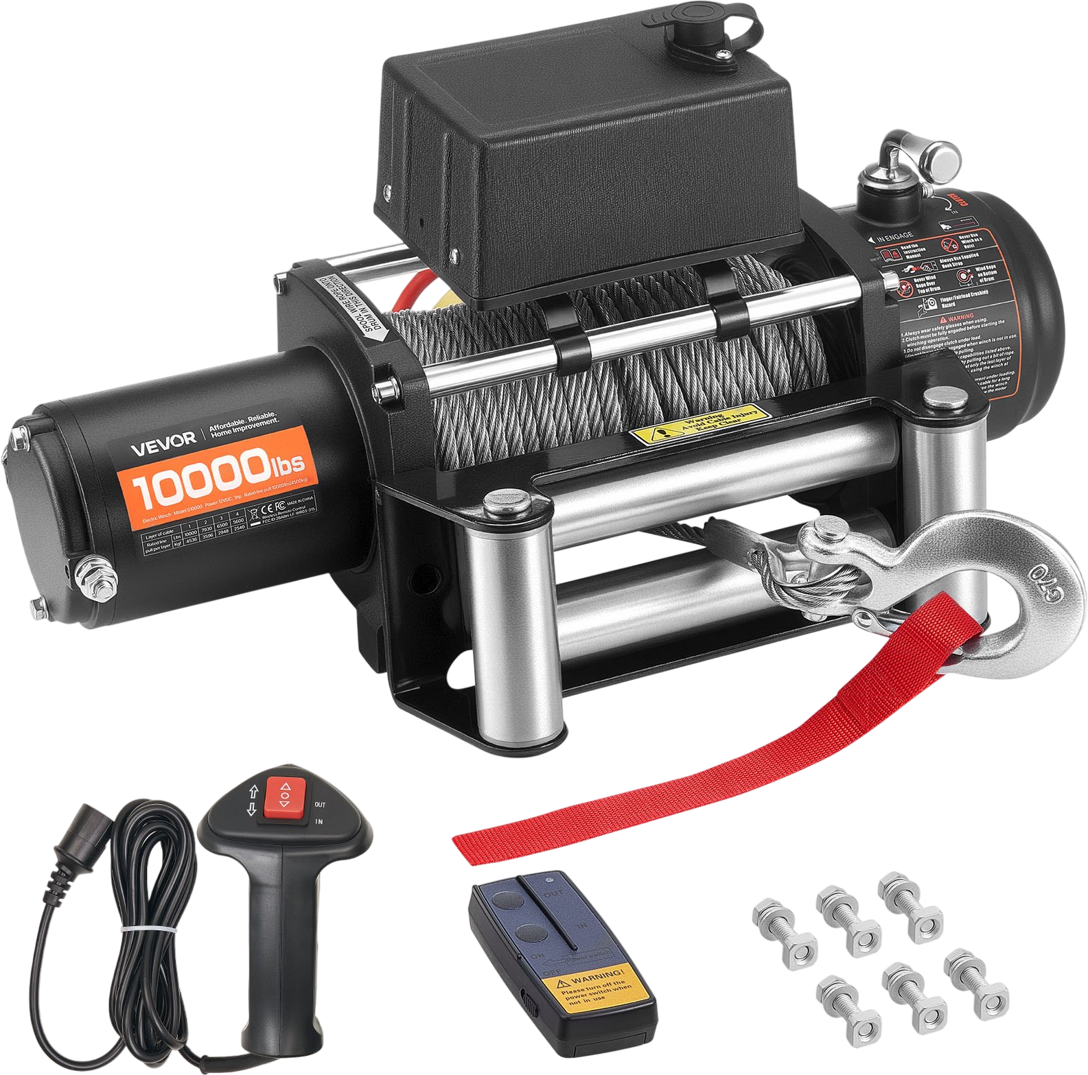 Vevor Electric Winch 10,000 lb. Load Capacity 21/64 in. x 65 ft. Steel Rope Remote Control 12V DC New
