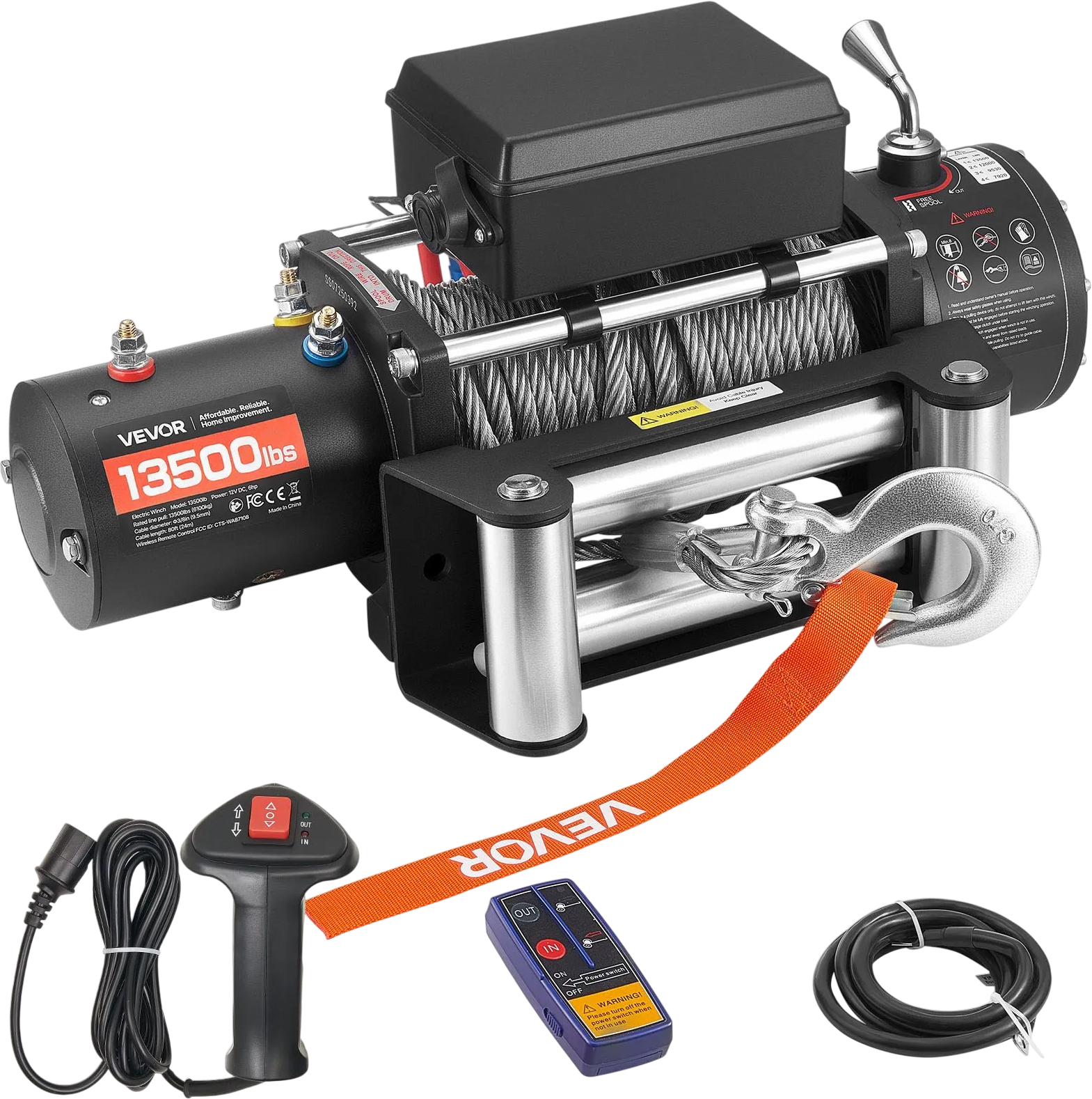Vevor Electric Winch 13,500 lb. Load Capacity 3/8 in. x 80 ft. Steel Rope Remote Control 12V DC New