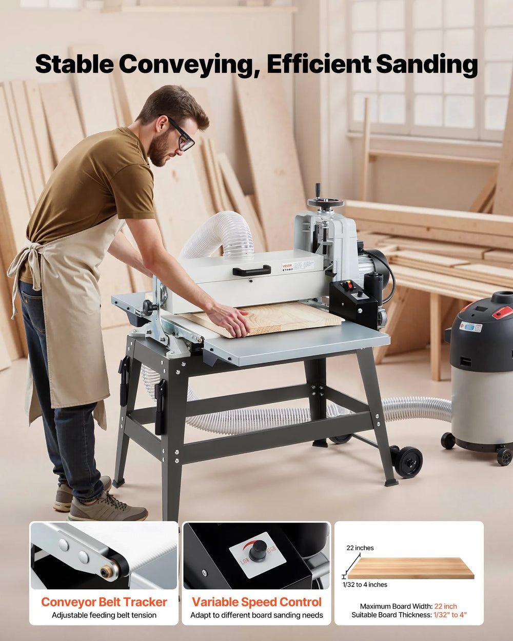 Vevor Drum Sander 22" with Stand & Extension Tables 1.75 HP 1440 RPM New