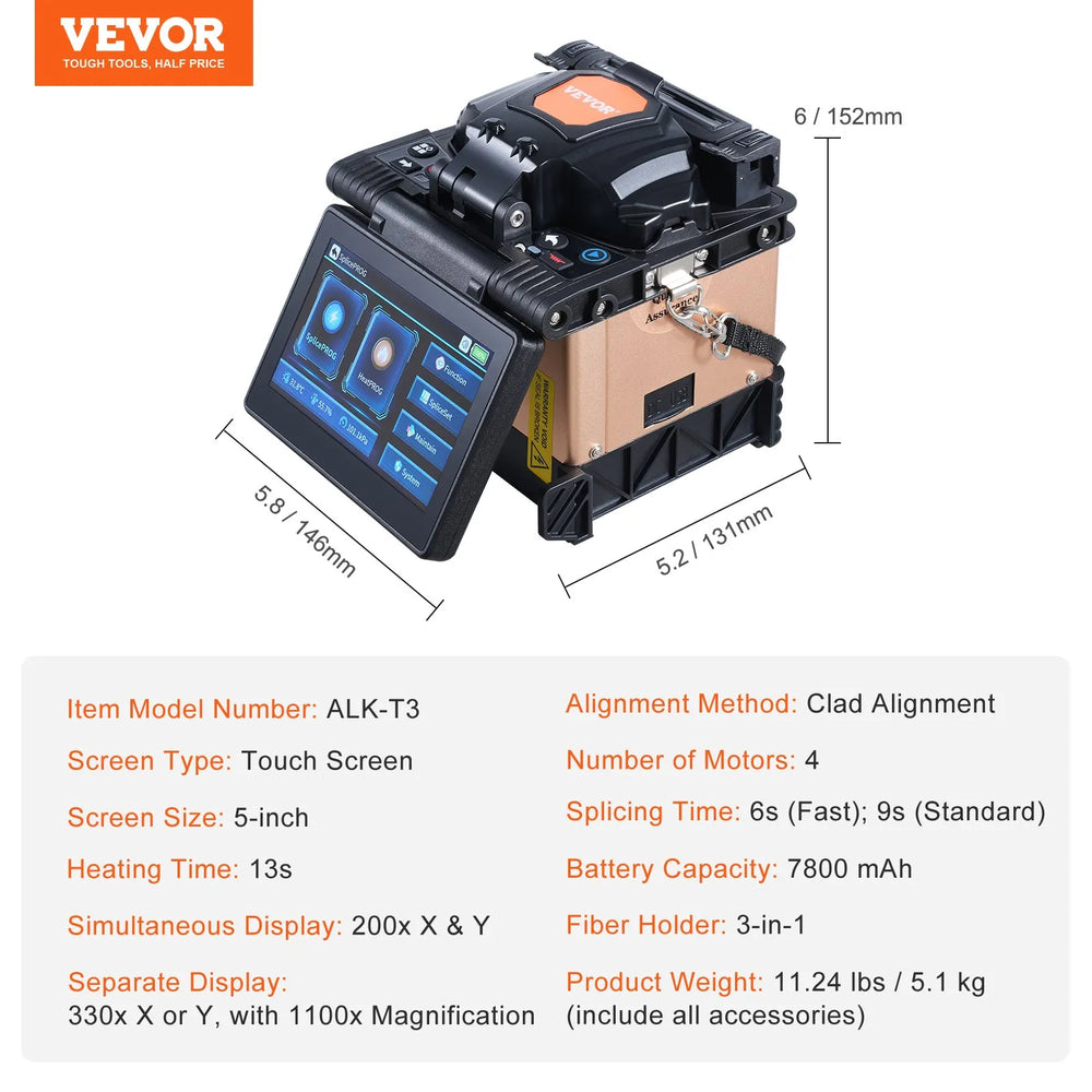 Vevor Fiber Fusion Splicer 4 Motors Clad Alignment 6s Splicing with 5" Touch Screen New