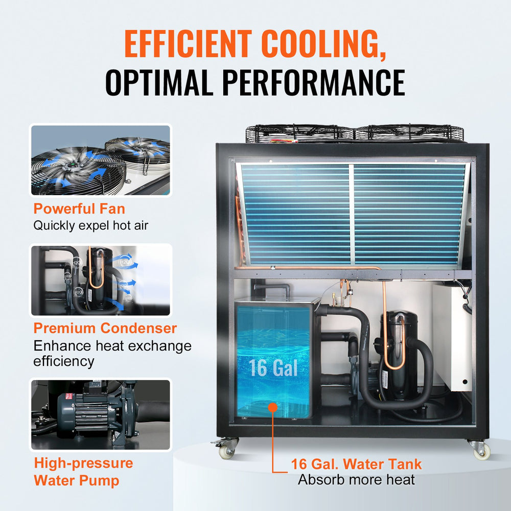 Vevor Industrial Water Chiller 9.4HP 16 Gal. Air-Cooled 15,100Kcal/hr Cooling Capacity 60L Tank New