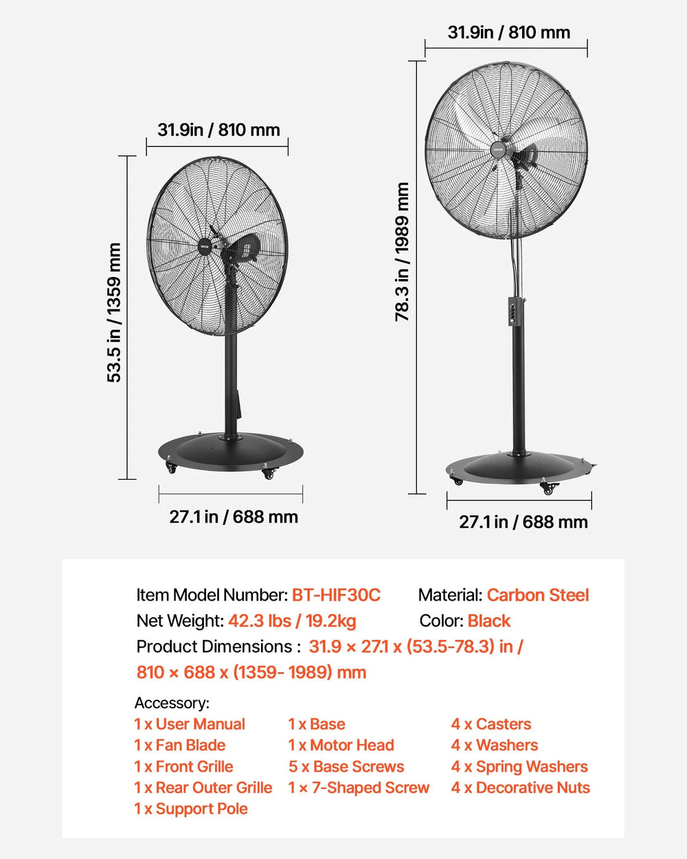 Vevor Pedestal Fan 30 in. 9100 CFM with 85° Oscillating 3-Speed 120V New