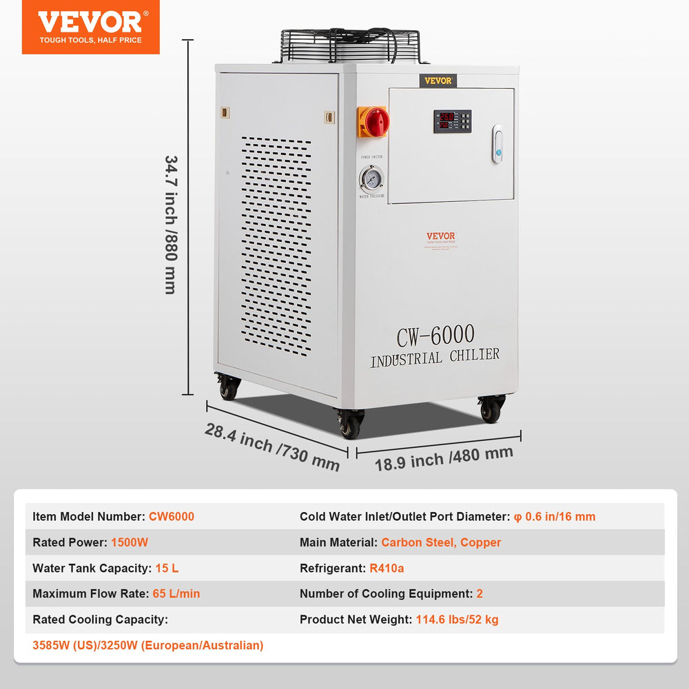 Vevor CW-6000 Industrial Water Chiller with Compressor 65 L/min 1500W New