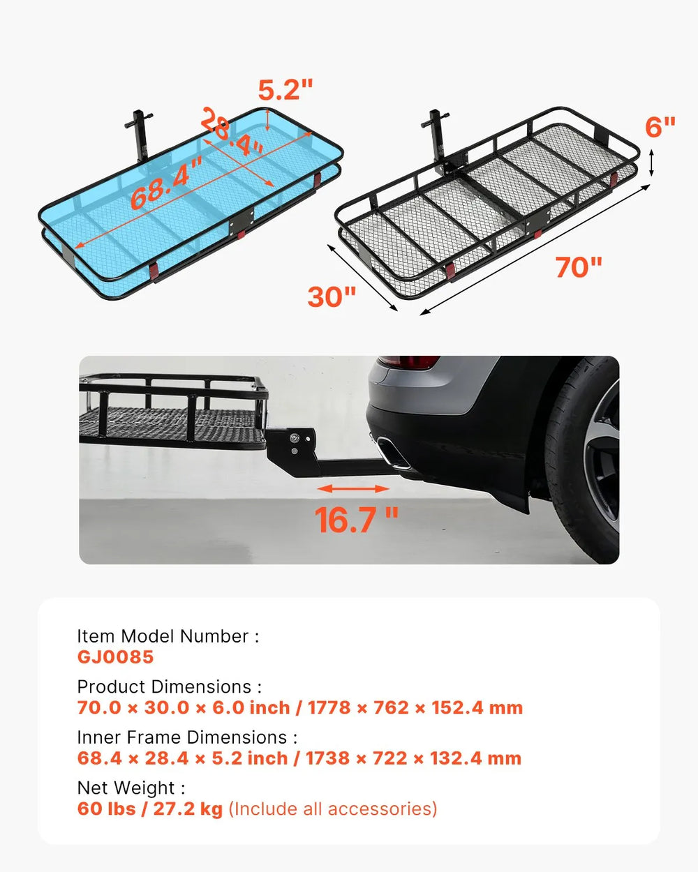 Vevor Hitch Cargo Carrier 70 x 30 x 6 in. Foldable 500 Lbs Capacity for 2" Receiver New