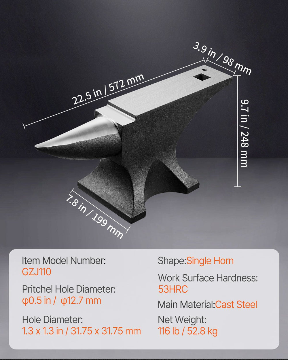 Vevor Single Horn Anvil 116 Lbs Cast Steel for Blacksmiths New