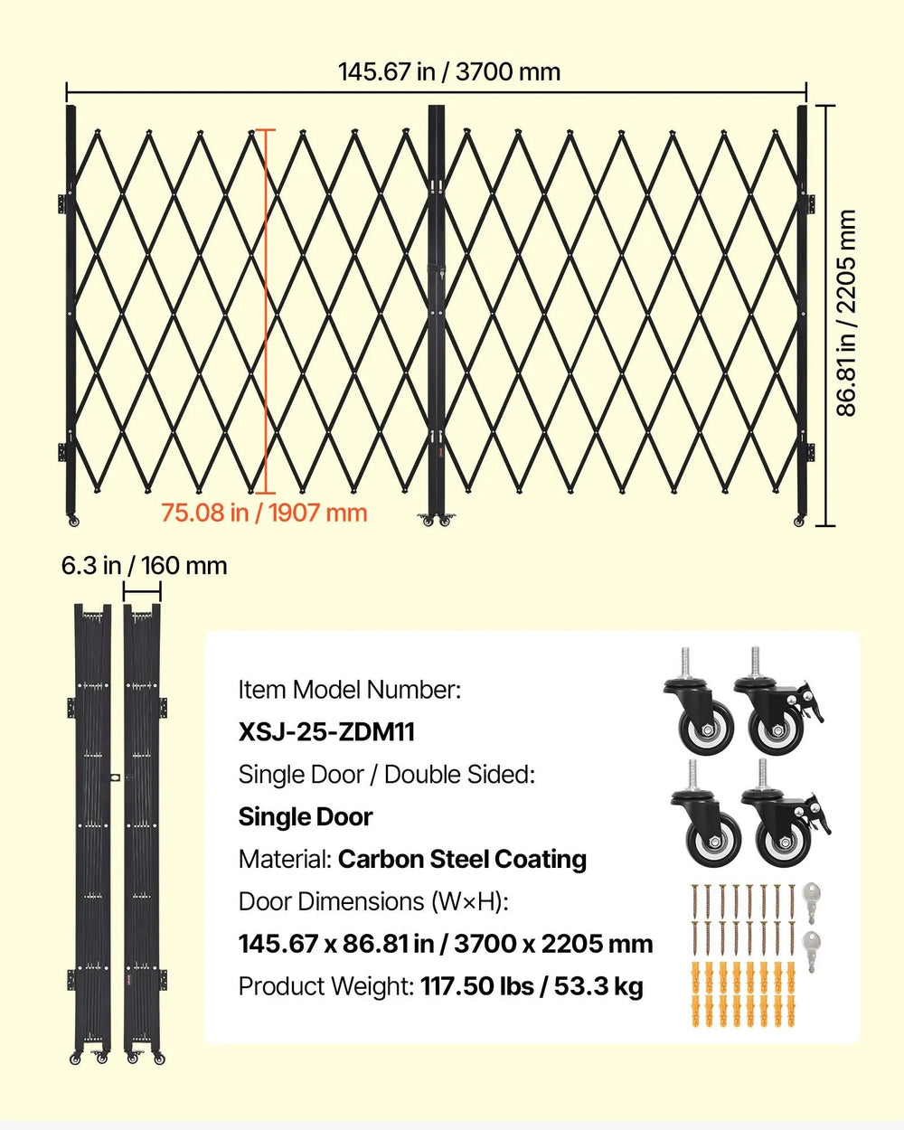 Vevor Folding Security Gate 145.67" x 86.81" Lockable Double Door Steel New