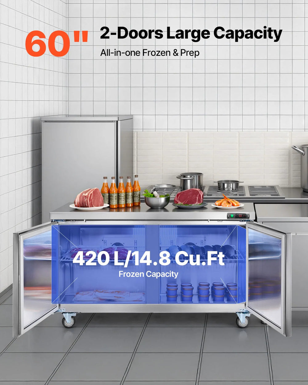 Vevor Commercial Freezer Prep Table 2-Door 14.8 Cu. Ft with LED Lighting New