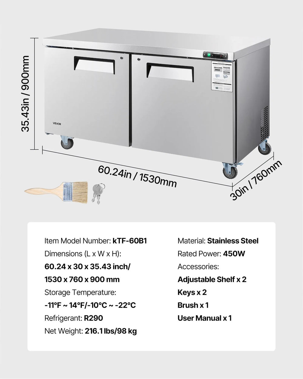 Vevor Commercial Freezer Prep Table 2-Door 14.8 Cu. Ft with LED Lighting New
