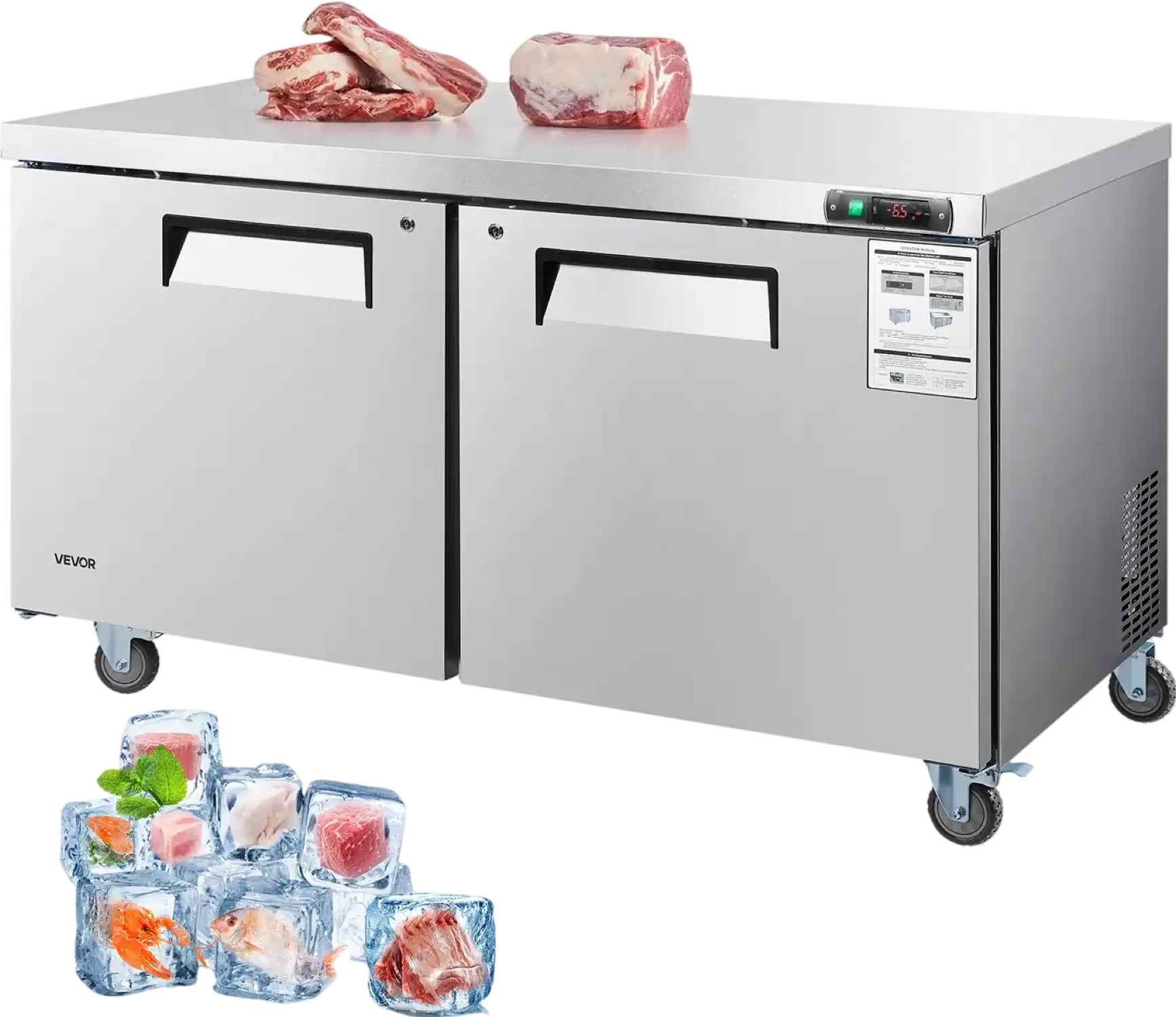 Vevor Commercial Freezer Prep Table 2-Door 14.8 Cu. Ft with LED Lighting New
