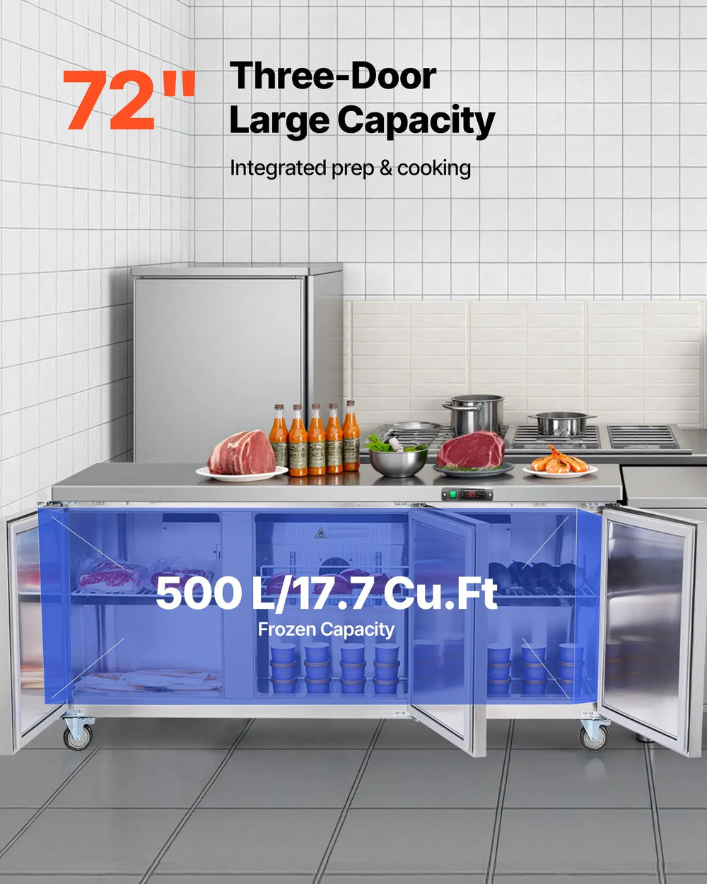 Vevor Commercial Freezer Prep Table 3-Door 17.7 Cu. Ft with LED Lighting New