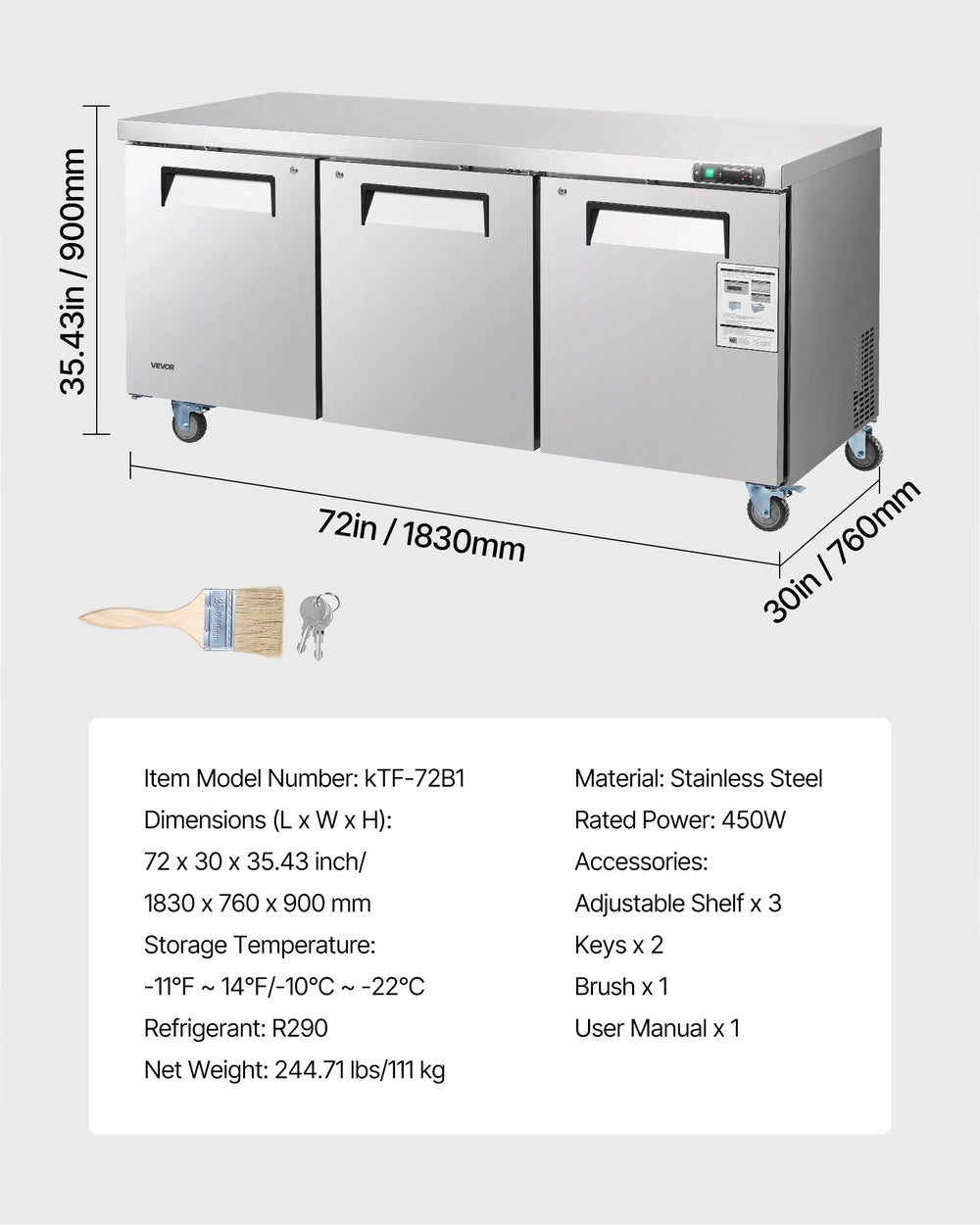 Vevor Commercial Freezer Prep Table 3-Door 17.7 Cu. Ft with LED Lighting New