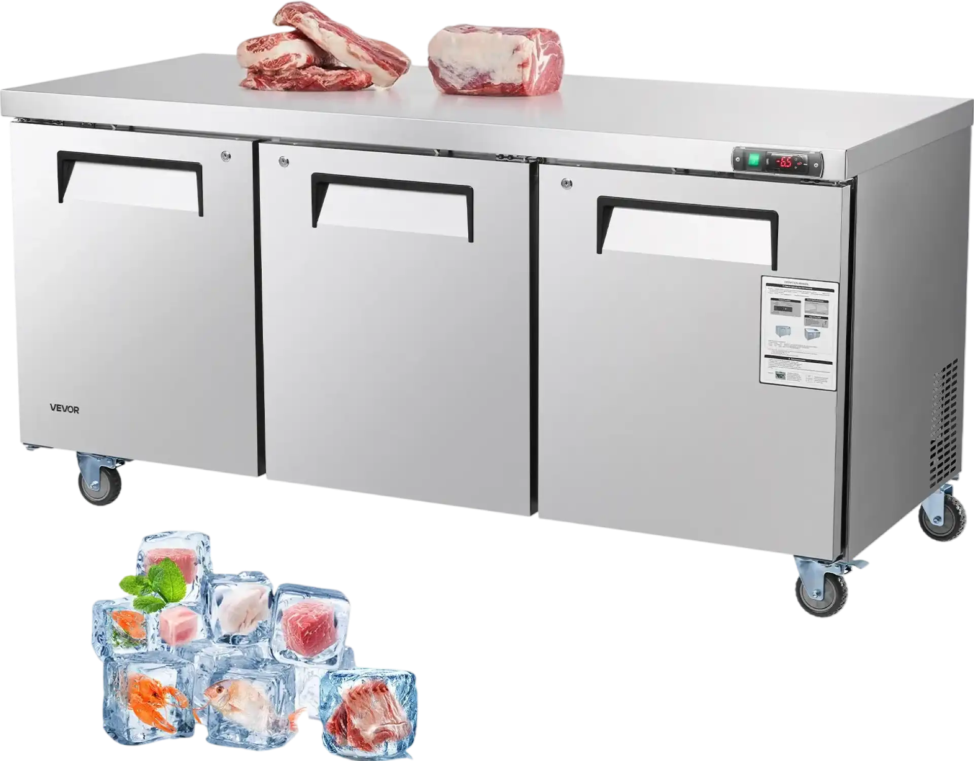 Vevor Commercial Freezer Prep Table 3-Door 17.7 Cu. Ft with LED Lighting New