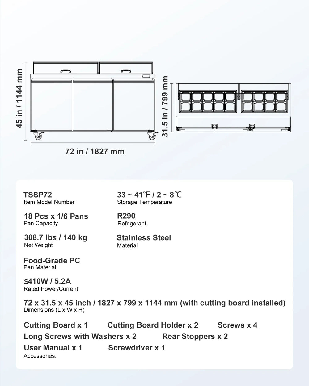Vevor Commercial Refrigerator Prep Table 18.7 Cu. Ft with 18 Pans and Cutting Board New