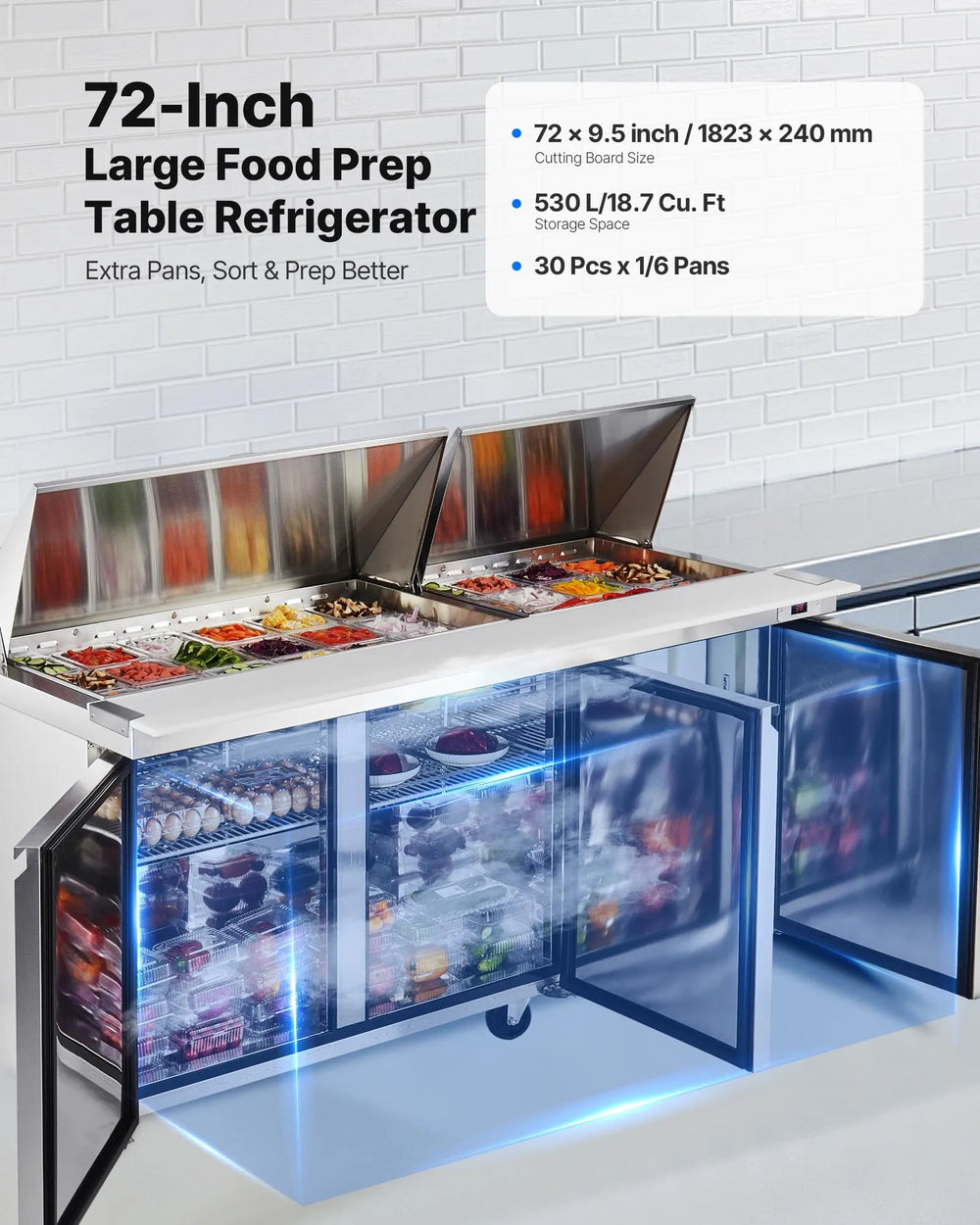 Vevor Refrigerator Prep Table 18.7 Cu. Ft with 30 Pans 72" Cutting Board New