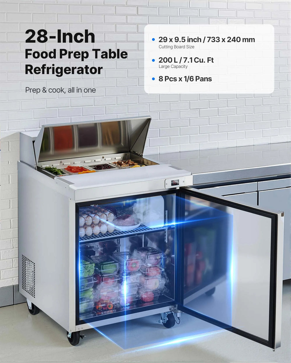 Vevor Refrigerated Prep Table 7.1 Cu. Ft with 8 Pans and Cutting Board New