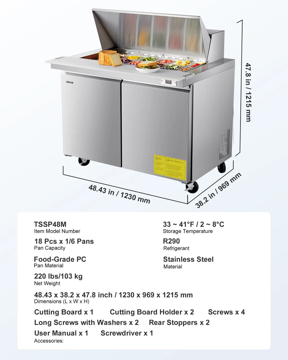 Vevor Refrigerated Prep Table 12.5 Cu. Ft with 18 Pan Basin and Cutting Board New