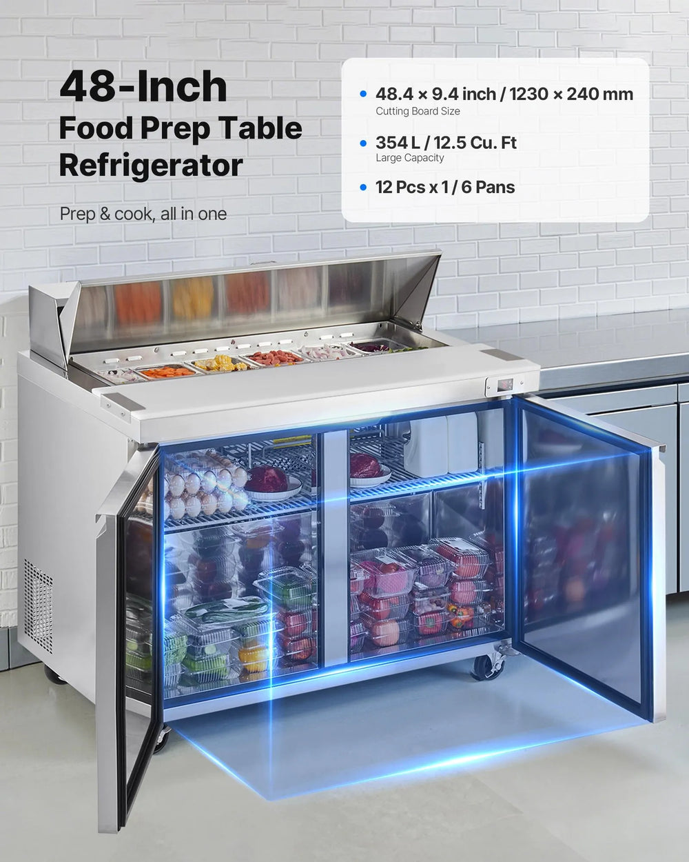 Vevor Refrigerated Prep Table 12.5 Cu. Ft with 12 Pans and 48" Cutting Board New
