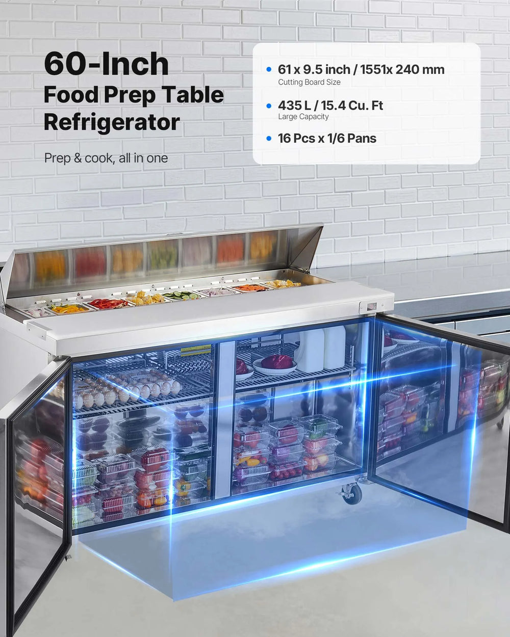 Vevor Refrigerated Prep Table 15.4 Cu. Ft with 16 Pans 60" Cutting Board New