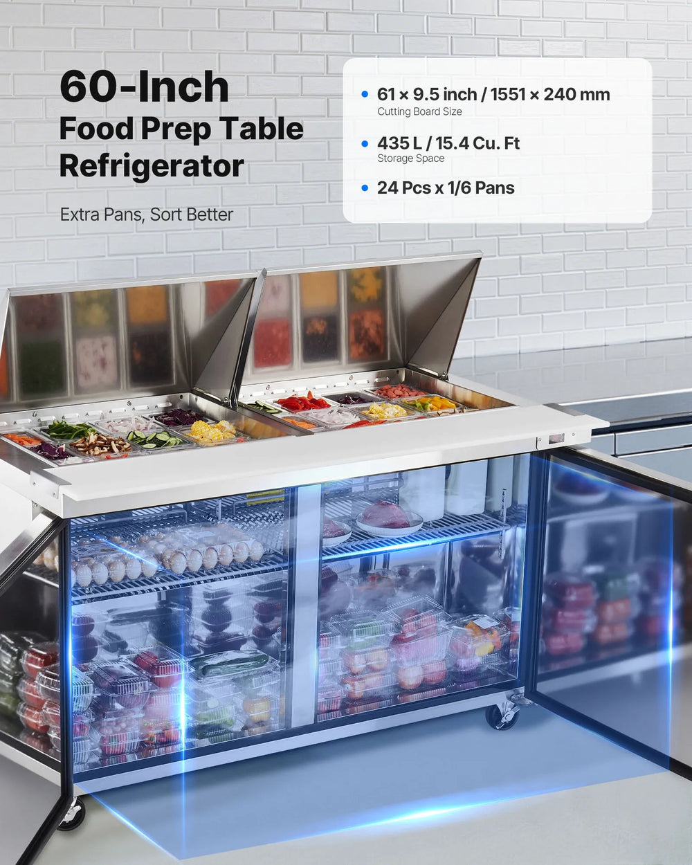 Vevor Commercial Refrigerator Prep Table with 24 Pans and 60" Cutting Board New