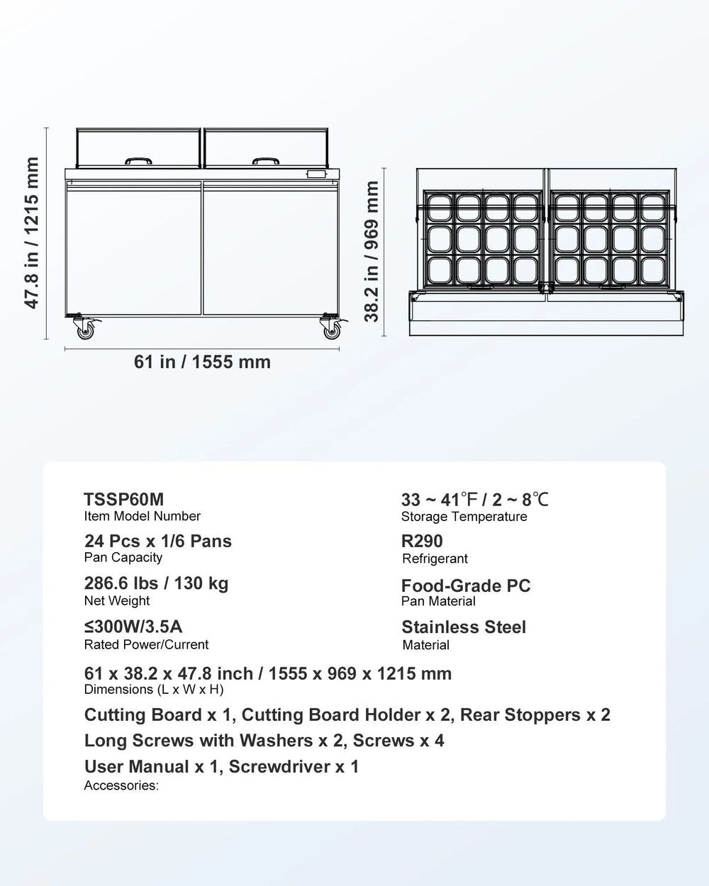 Vevor Commercial Refrigerator Prep Table with 24 Pans and 60" Cutting Board New