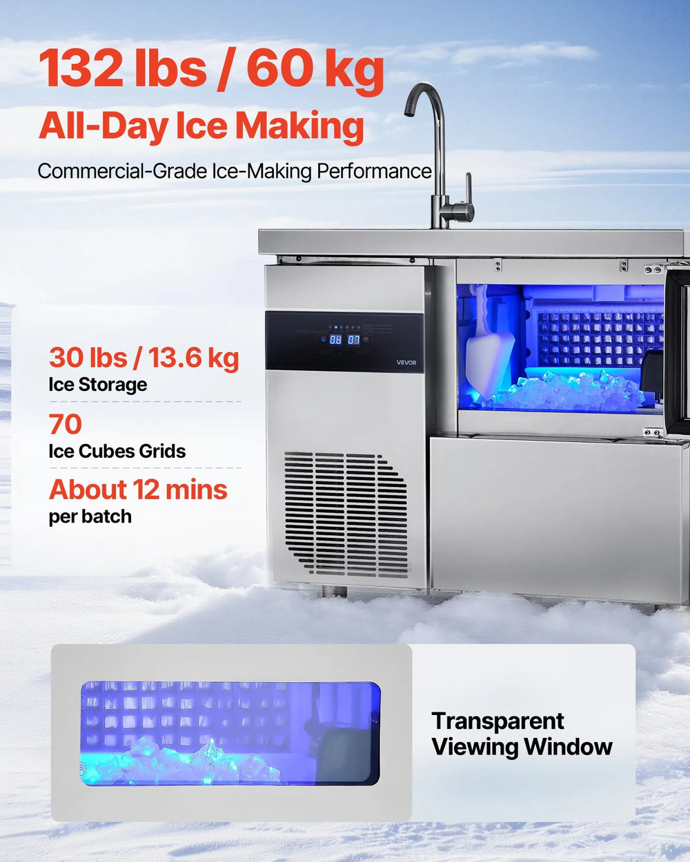 Vevor Commercial Ice Maker with Sink 132 lbs/Day 30 lbs Storage Bin Self-Cleaning New