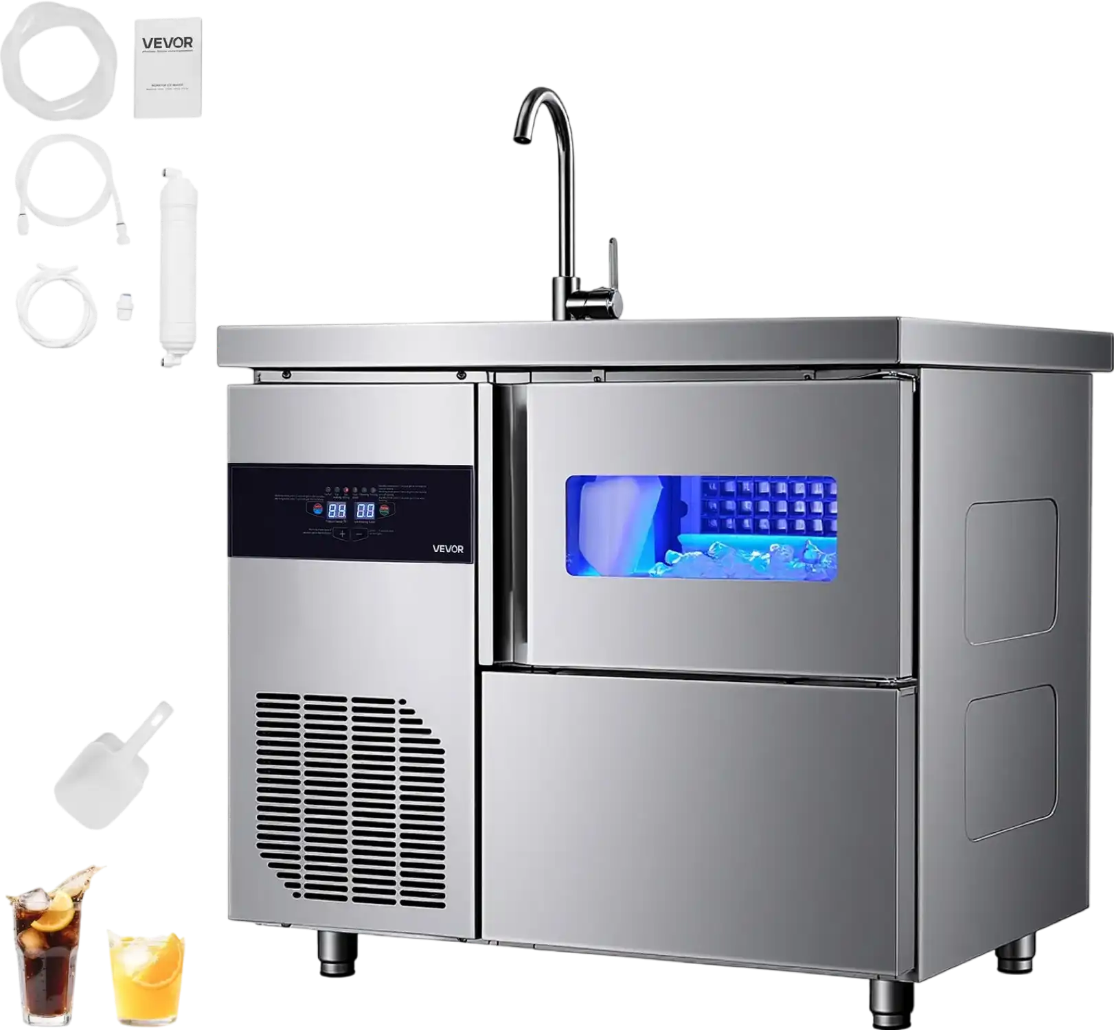 Vevor Commercial Ice Maker with Sink 132 lbs/Day 30 lbs Storage Bin Self-Cleaning New