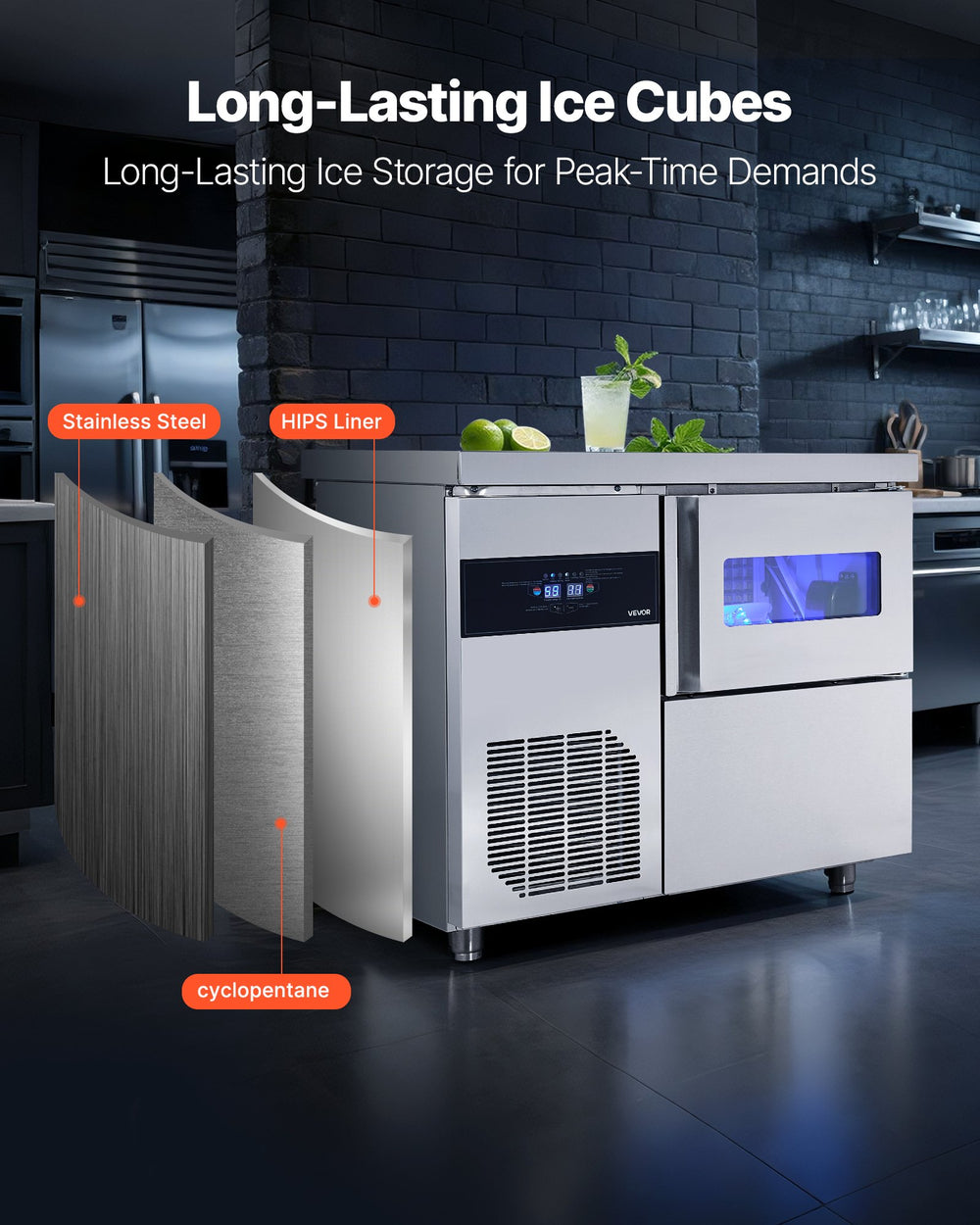 Vevor Commercial Ice Maker with Worktop 132 lbs/Day 30 lbs Storage Bin Self-Cleaning New