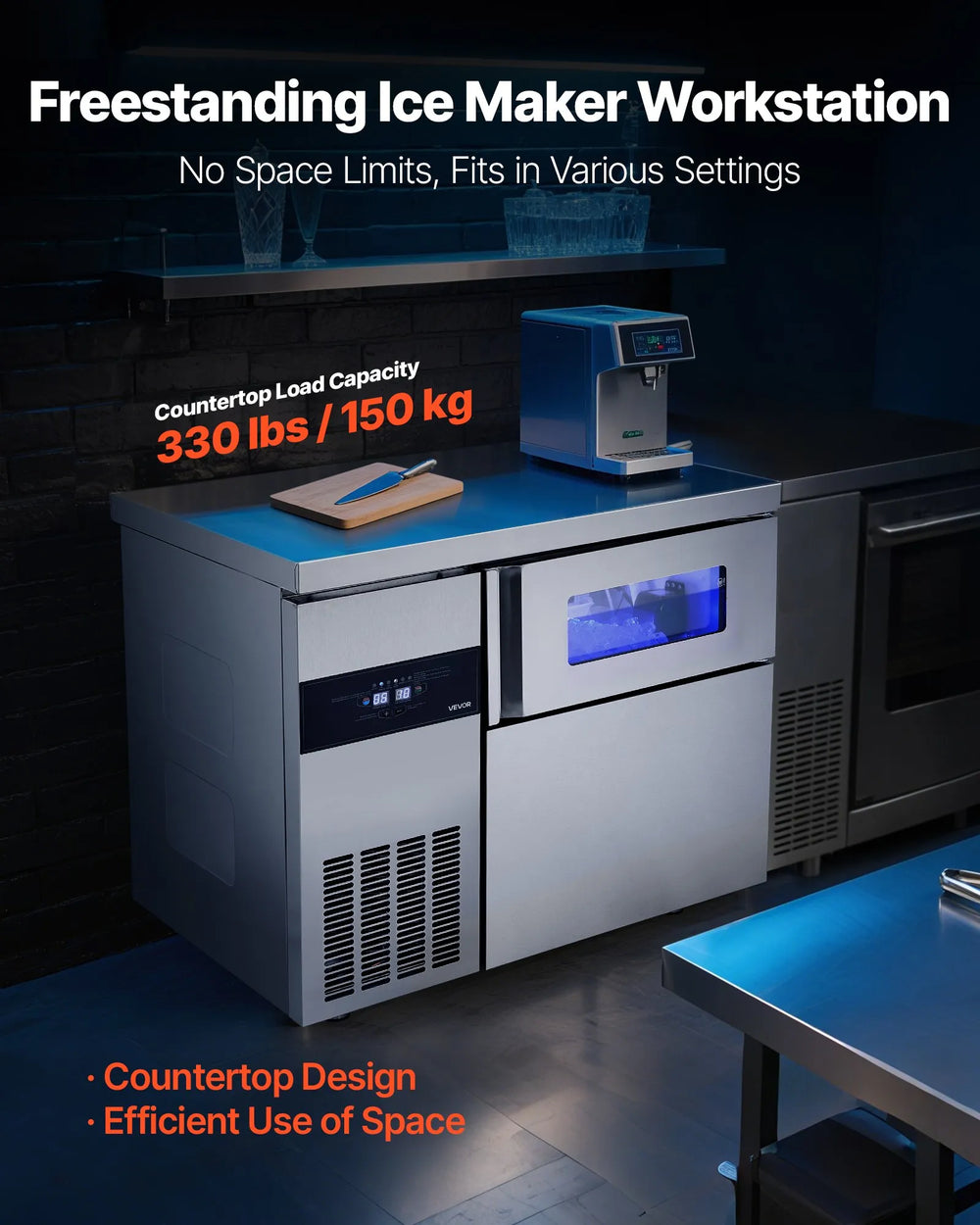 Vevor Commercial Ice Maker with Worktop 220 lbs/Day 66 lbs Storage New