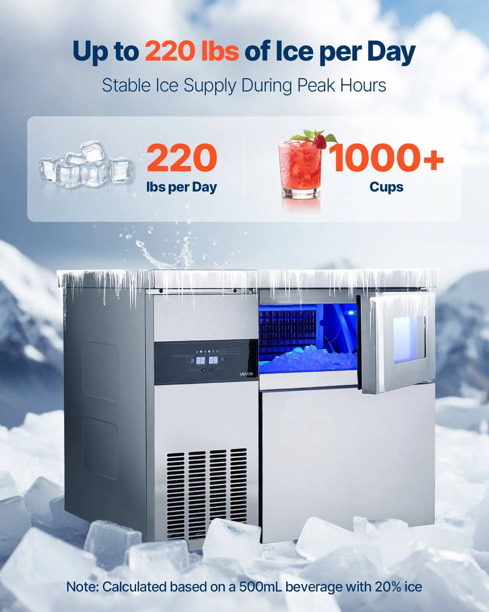 Vevor Commercial Ice Maker with Worktop 220 lbs/Day 66 lbs Storage New