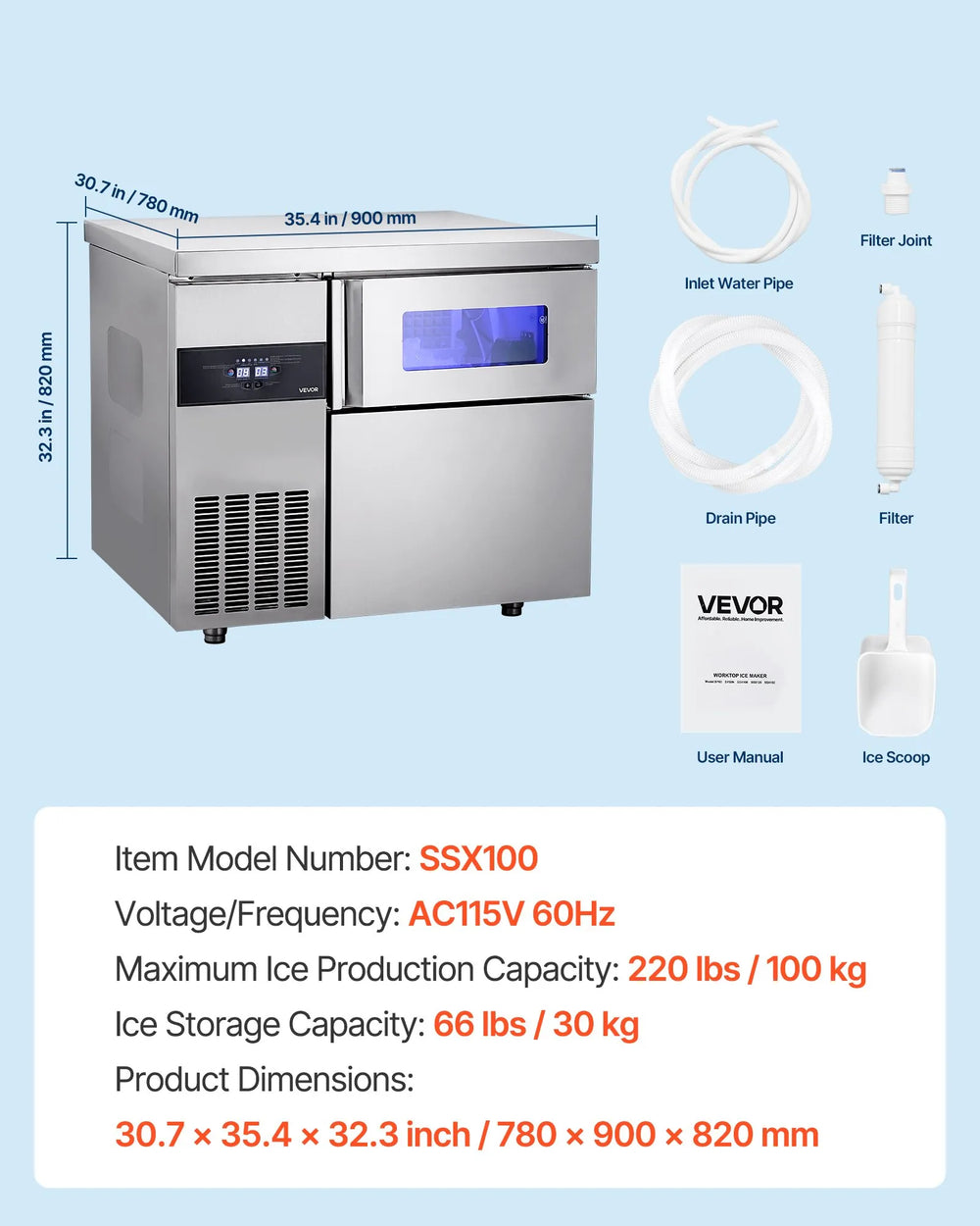 Vevor Commercial Ice Maker with Worktop 220 lbs/Day 66 lbs Storage New