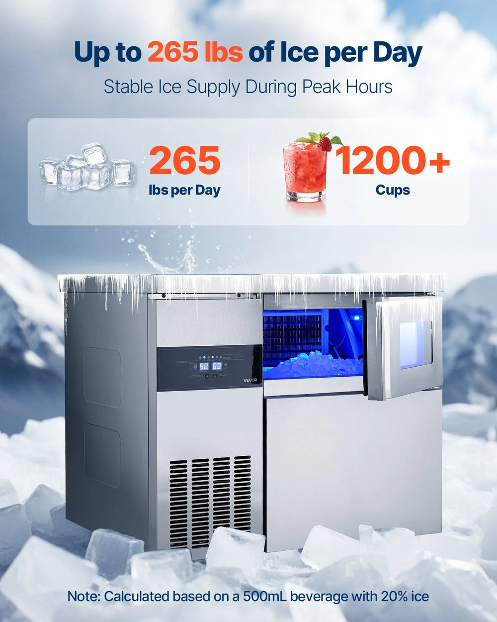 Vevor Commercial Ice Maker with Worktop 265 lbs/Day 66 lbs Storage New