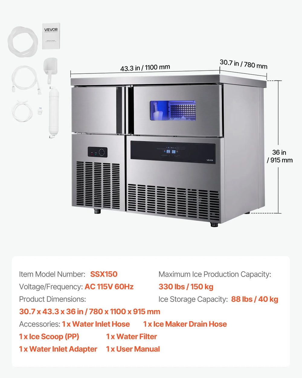 Vevor Commercial Ice Maker with Worktop 330 lbs/Day 88 lbs Storage New
