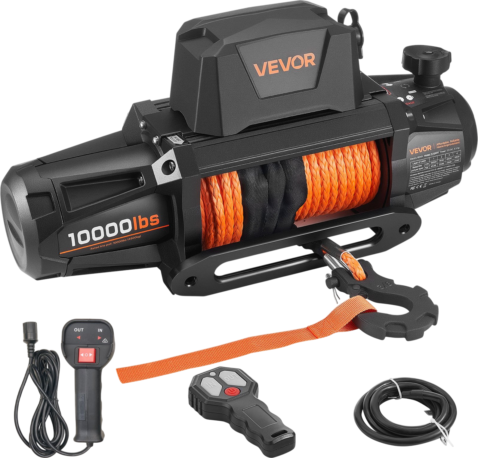 Vevor Electric Winch 10,000 lbs Load Capacity 90 ft. Synthetic Rope Remote Control 12V DC New