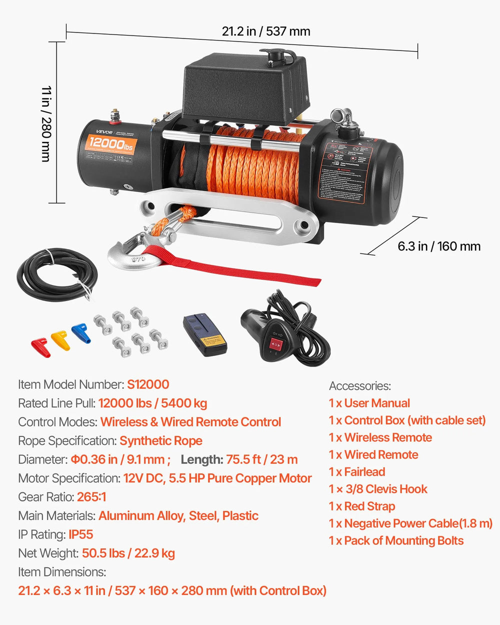 Vevor Electric Winch 12,000 lb. Load Capacity .36 in. x 75.5 ft. Synthetic Rope Remote Control 12V DC New