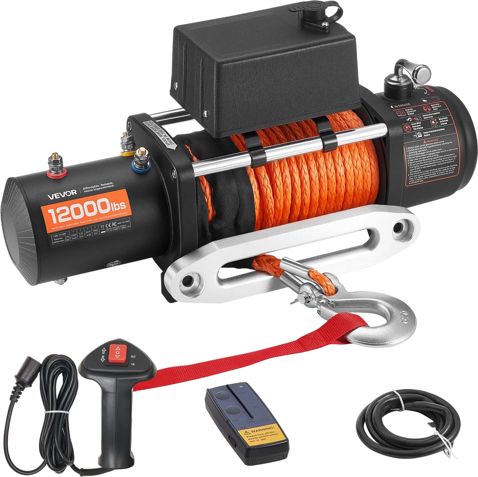 Vevor Electric Winch 12,000 lb. Load Capacity .36 in. x 75.5 ft. Synthetic Rope Remote Control 12V DC New