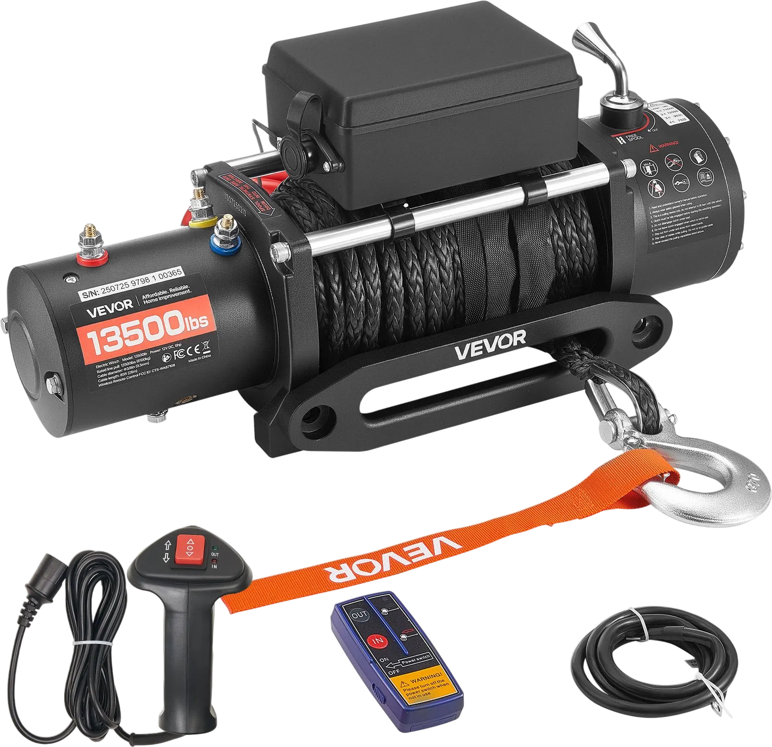 Vevor Electric Winch 13,500 lb. Load Capacity 3/8 in. x 85 ft. Synthetic Rope Remote Control New