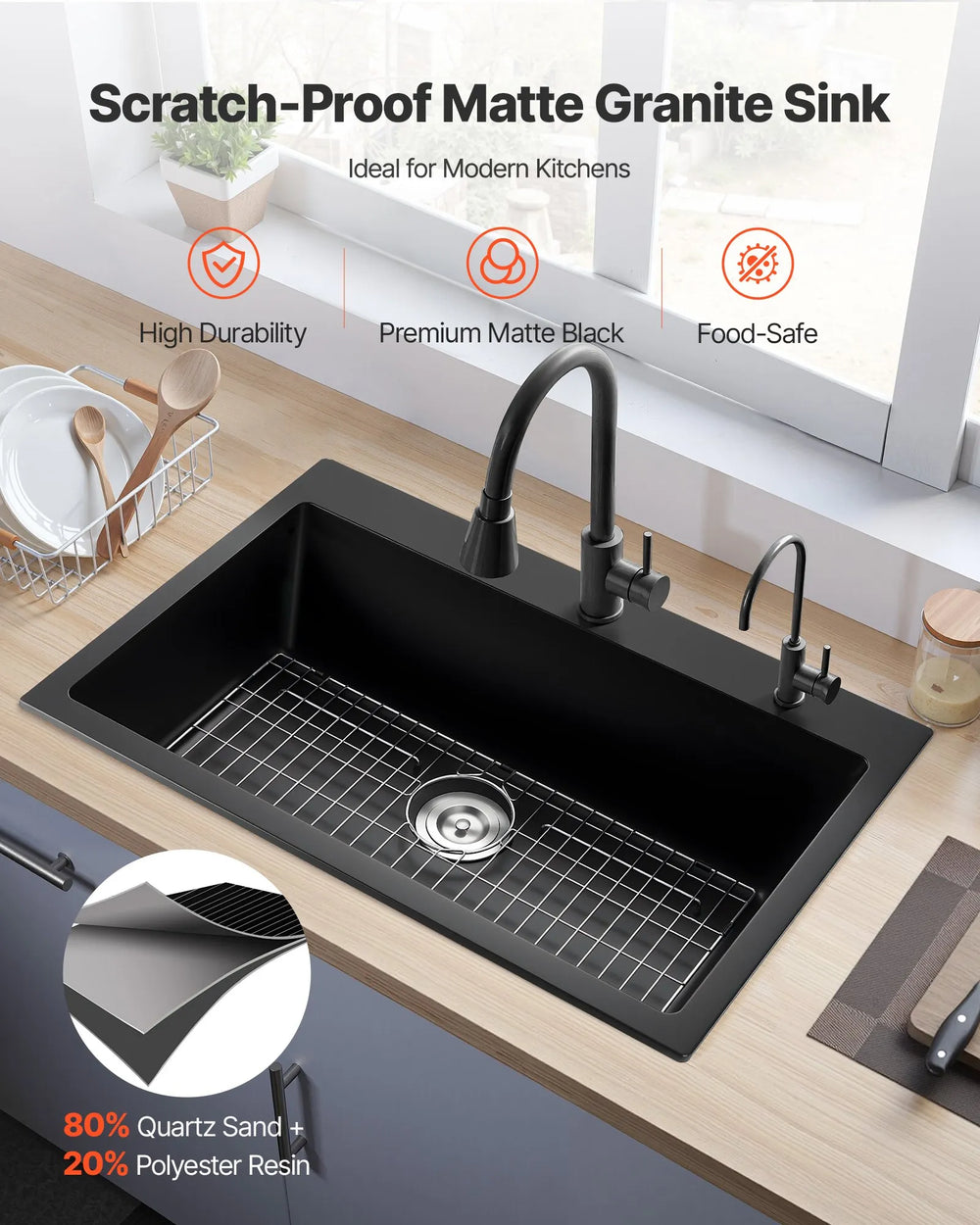 Vevor Granite Composite Kitchen Sink 33 in. Top Mount Single Bowl with Drain Set New
