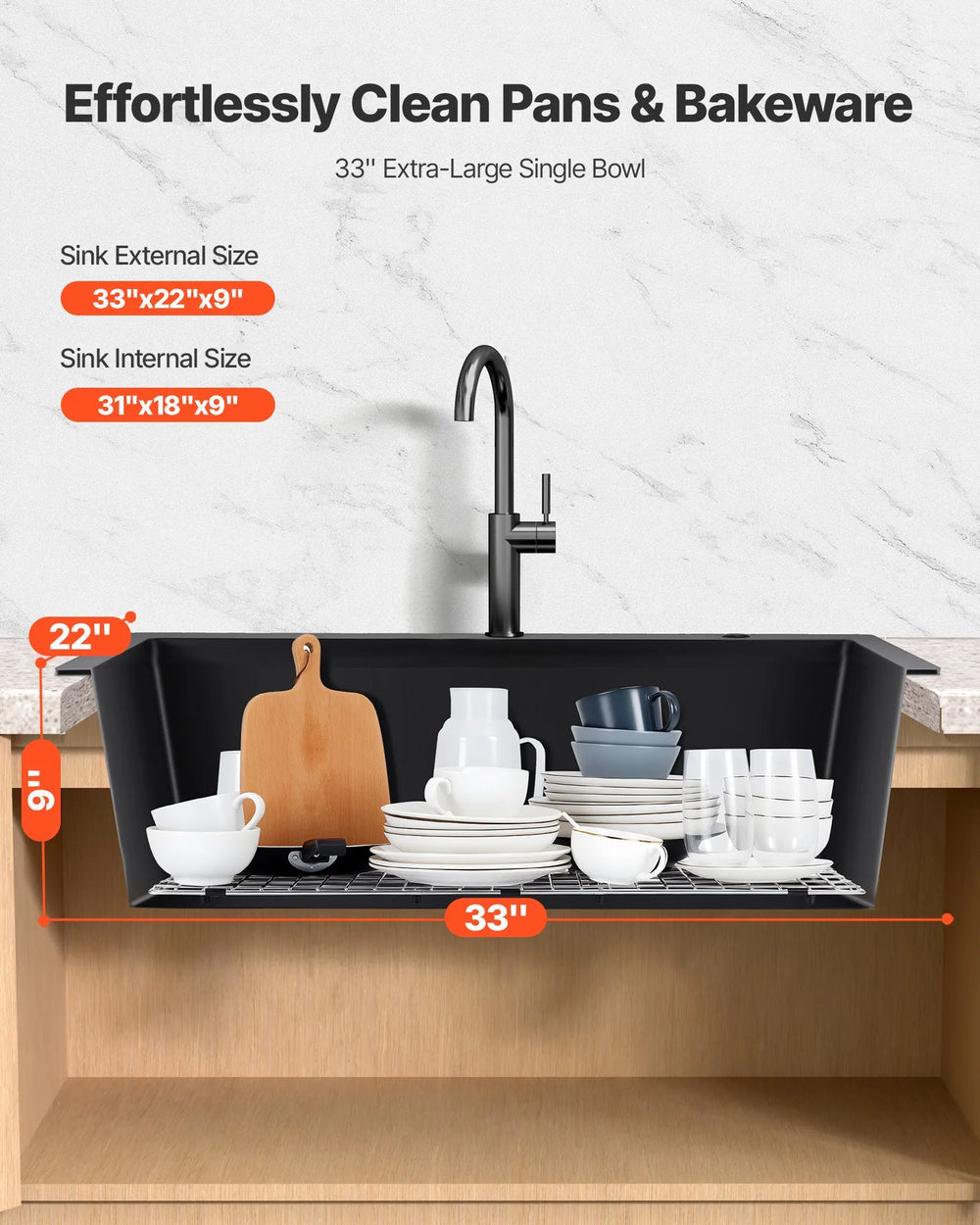 Vevor Granite Composite Kitchen Sink 33 in. Top Mount Single Bowl with Drain Set New
