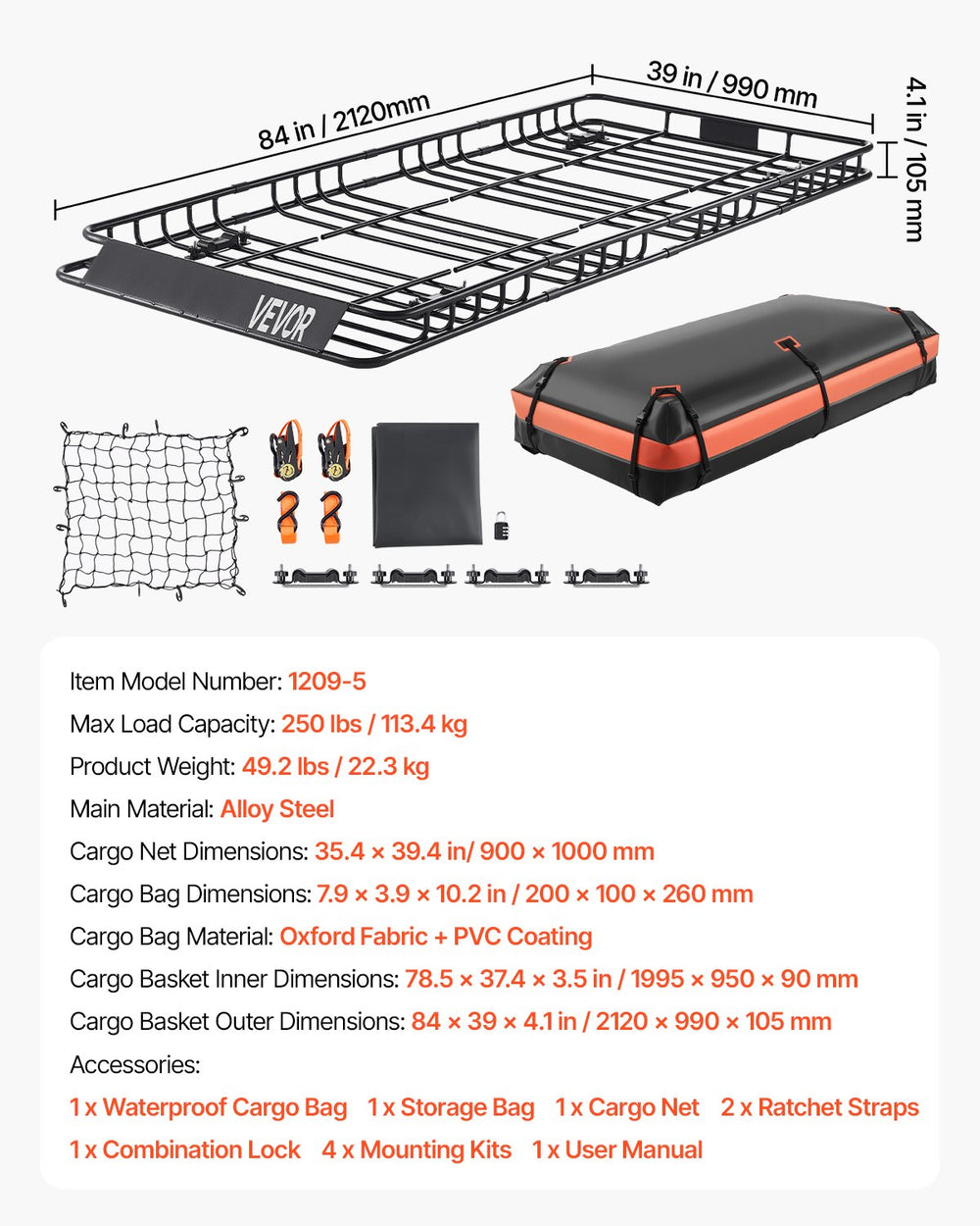 Vevor Roof Rack Cargo Carrier 84" x 39" x 4" Car Top Luggage Holder New