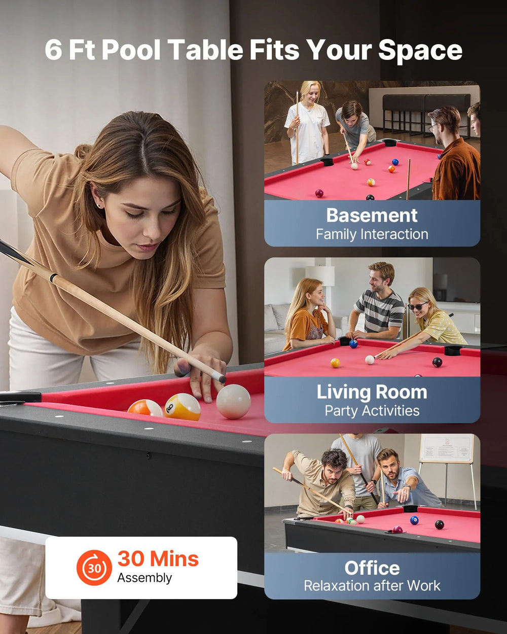 Vevor Billiards Table 6' Portable Pool Table Set with Balls and Cues New