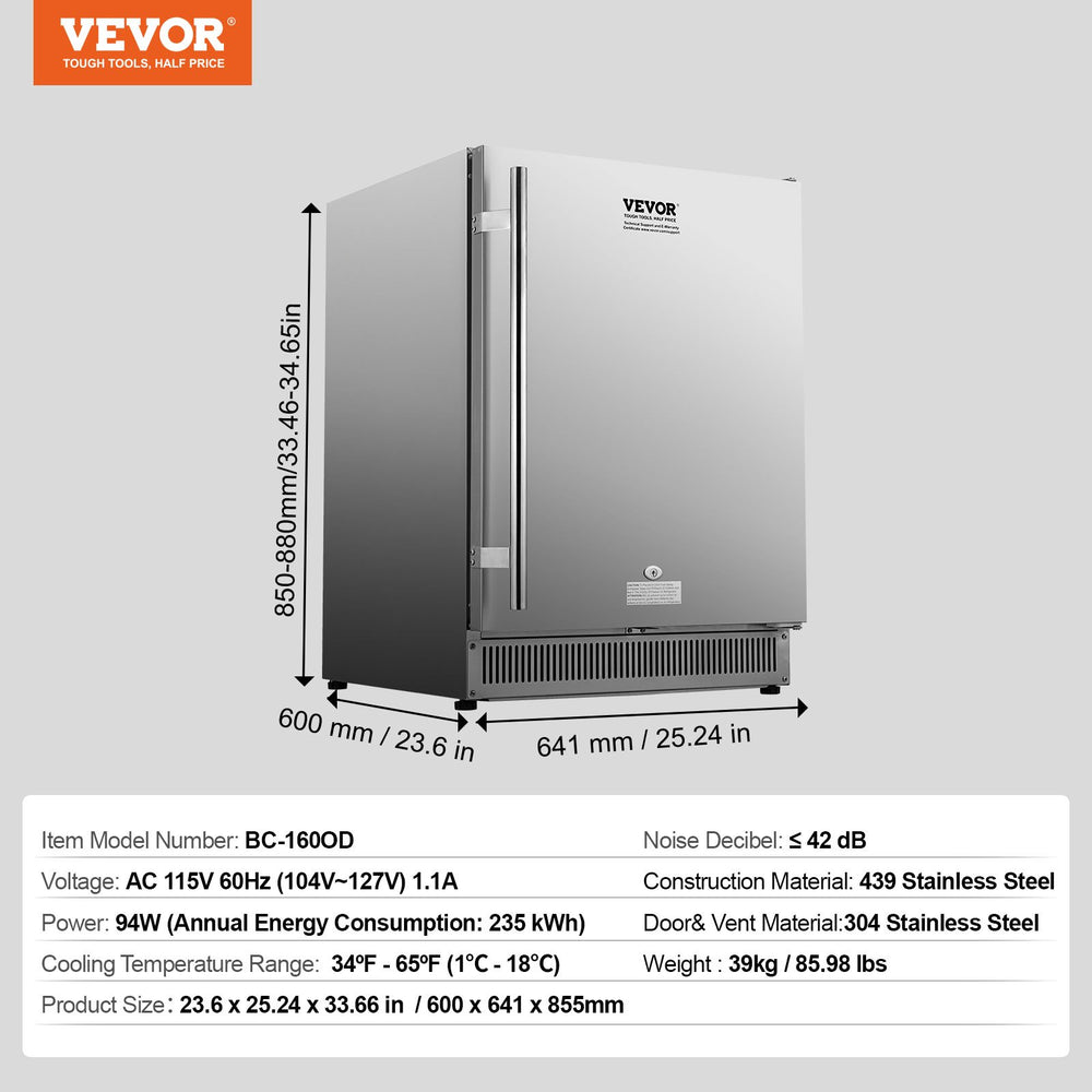 VEVOR 24 inch Indoor/Outdoor Beverage Refrigerator Stainless Steel 185QT Capacity New