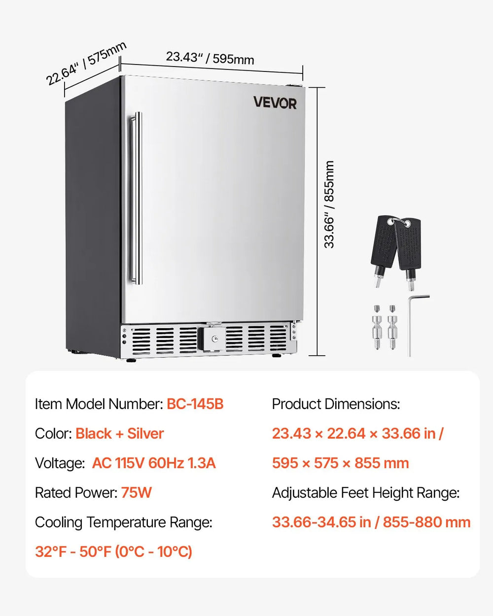 Vevor Beverage Refrigerator 24-Inch 150 QT Stainless Steel Door Undercounter Freestanding New