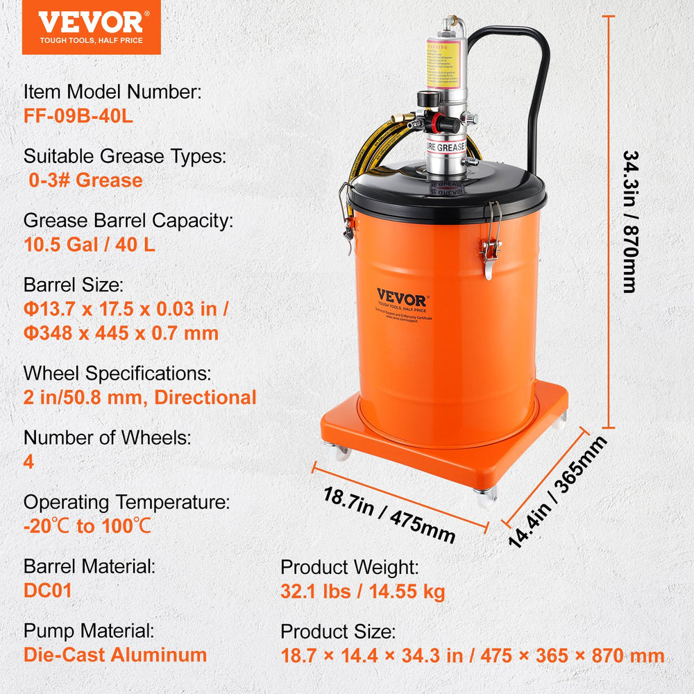 Vevor Air Operated Grease Pump 10.5 Gal. with 13ft Hose and Grease Gun 50:1 Pressure Ratio New