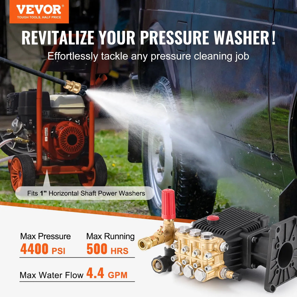 Vevor Pressure Washer Pump 1" Shaft Horizontal Triplex Plunger 4.4 GPM 4400 PSI New