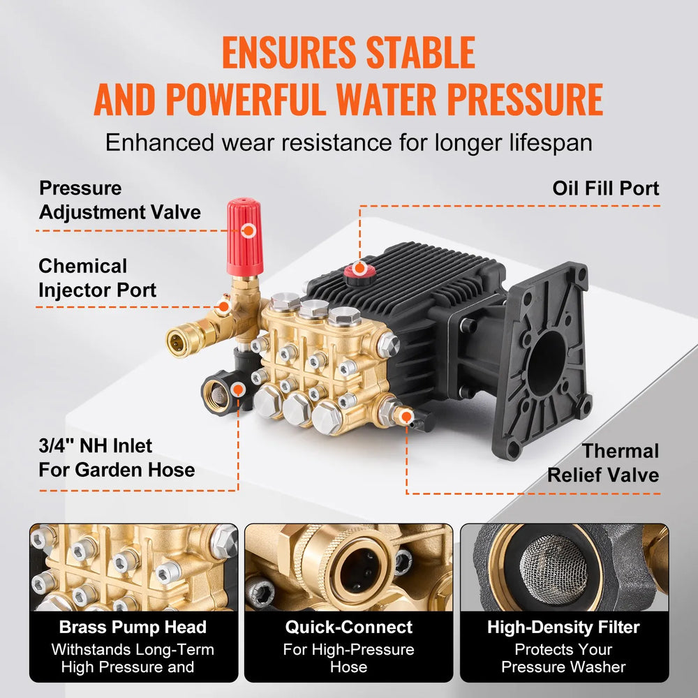 Vevor Pressure Washer Pump 1" Shaft Horizontal Triplex Plunger 4.4 GPM 4400 PSI New