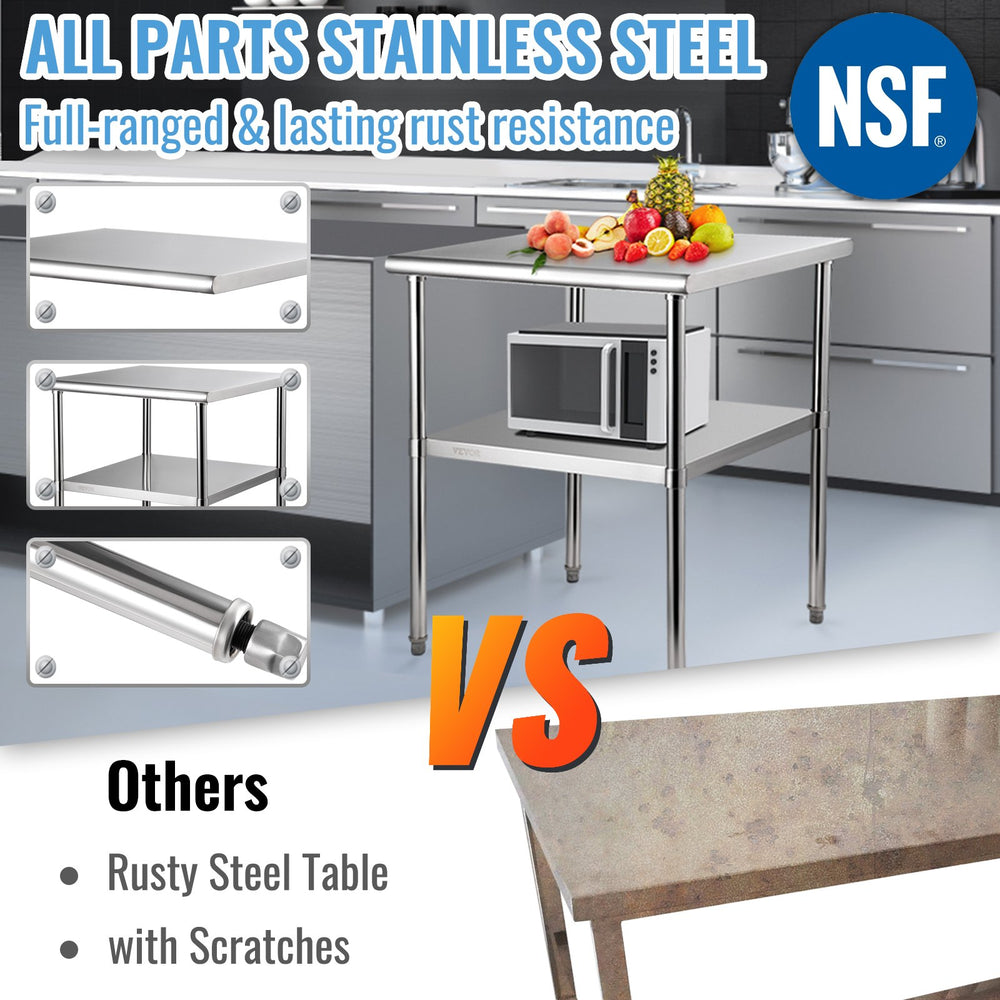 Vevor Stainless Steel Prep Table with Adjustable Undershelf 800 lbs. Load Capacity 30" x 30" x 36" New